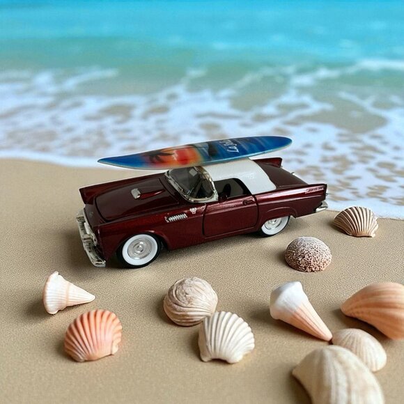 1955 Ford Thunderbird Burgundy Red Die-Cast Model with La Jolla Surfboard Rare - Picture 1 of 5